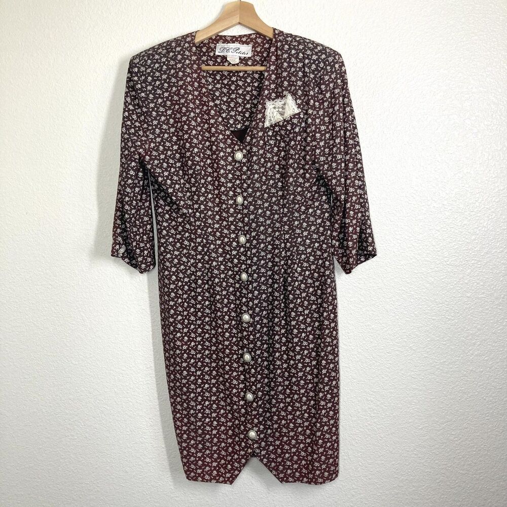 80s Dress Vintage D.C. Petites Womens Size 8 Brown Floral Pearl Button Lace USA